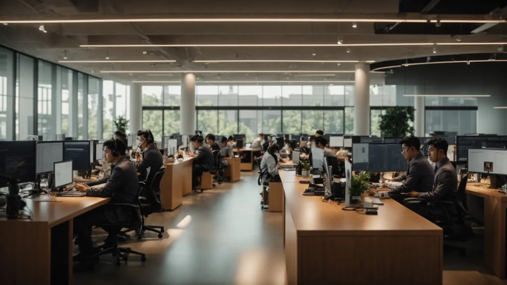a bustling ecommerce call center filled with focused agents efficiently managing customer inquiries, illuminated by warm, natural light streaming through large windows, highlighting a professional and collaborative atmosphere.