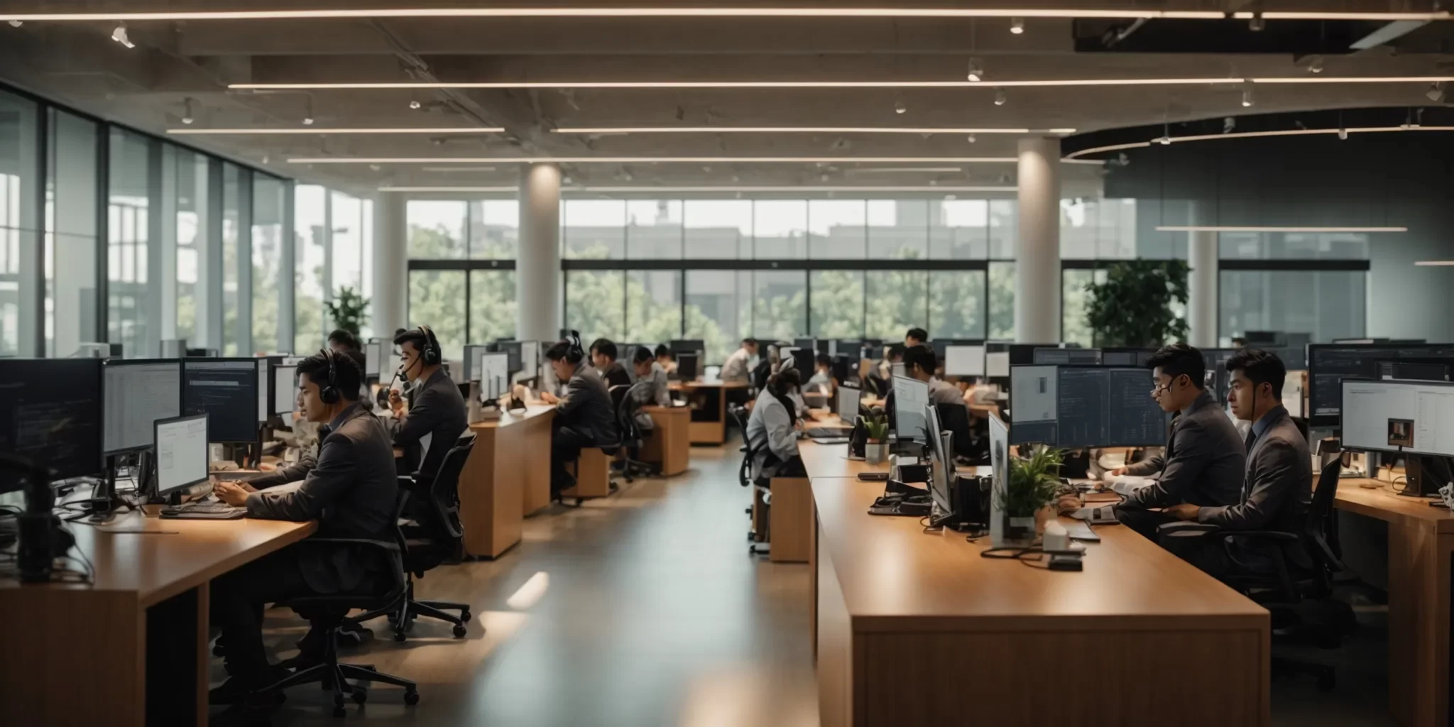 a bustling ecommerce call center filled with focused agents efficiently managing customer inquiries, illuminated by warm, natural light streaming through large windows, highlighting a professional and collaborative atmosphere.