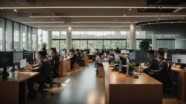 a bustling ecommerce call center filled with focused agents efficiently managing customer inquiries, illuminated by warm, natural light streaming through large windows, highlighting a professional and collaborative atmosphere.