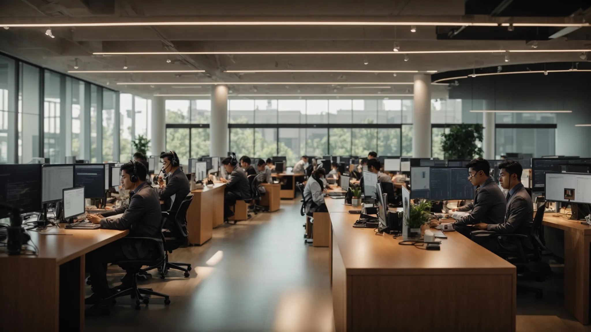 a bustling ecommerce call center filled with focused agents efficiently managing customer inquiries, illuminated by warm, natural light streaming through large windows, highlighting a professional and collaborative atmosphere.