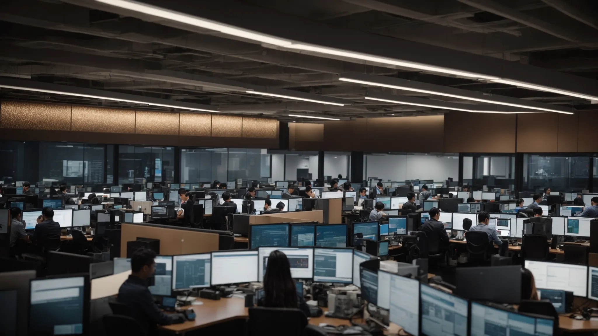 a bustling ecommerce call center is illuminated by warm, focused lighting, showcasing a team of diverse professionals engaged in training sessions, analyzing data on sleek monitors, and collaborating over advanced software setups to enhance operational efficiency.