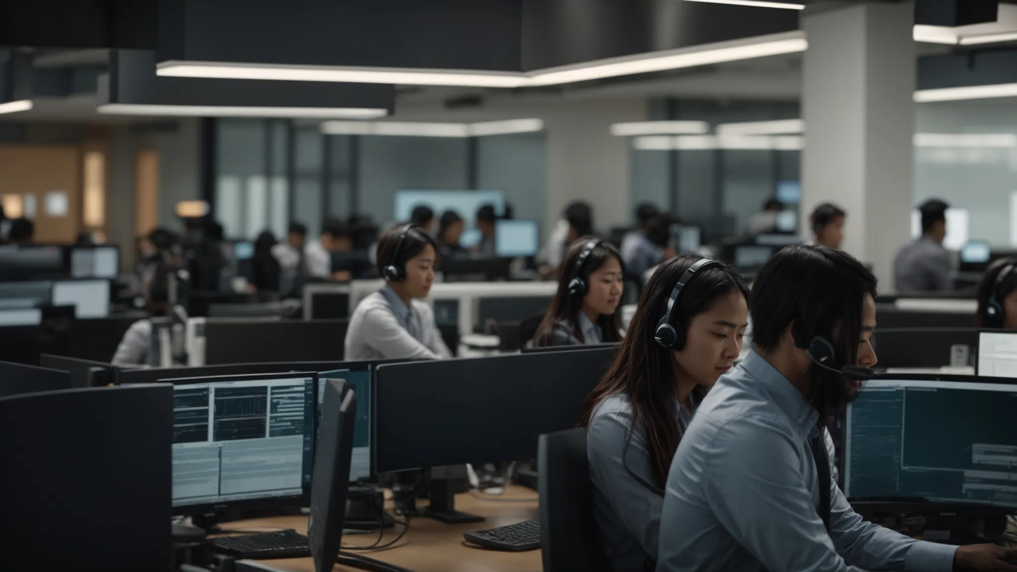 a bustling, modern ecommerce call center, bathed in soft, natural light, showcases a diverse team of focused professionals engaging in seamless communication, surrounded by high-tech workstations and digital dashboards highlighting efficiency and customer support.