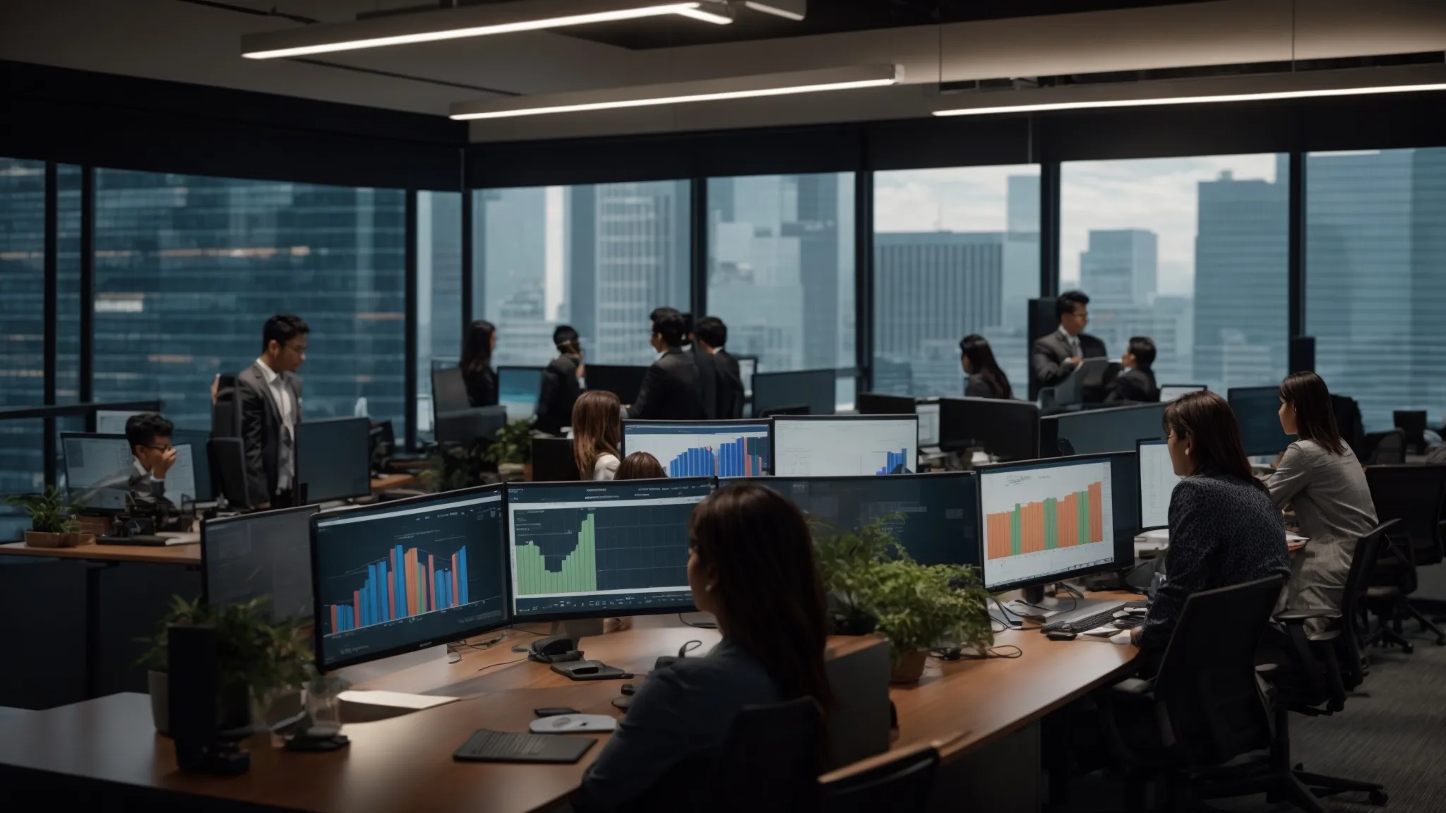 a dynamic office environment showcases a diverse team analyzing vibrant graphs and charts on screens, illustrating the transformation of customer support metrics before and after outsourcing, illuminated by soft, natural light filtering through large windows.