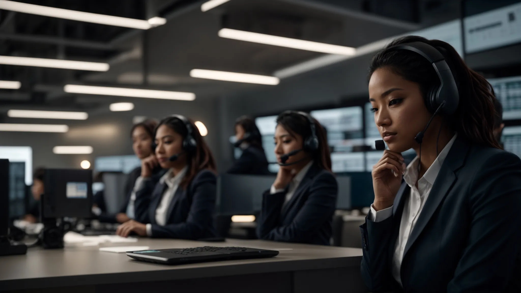 a professional and sleek call center environment showcases a diverse team engaged in dynamic conversations, illuminated by soft, ambient lighting that highlights their commitment to quality service and data security.