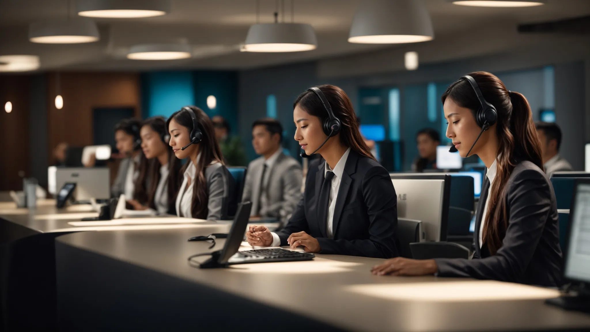 a sleek call center environment bathed in soft, warm lighting, featuring attentive agents engaged in vibrant conversations, symbolizing the vital connection between exceptional service quality and enduring customer loyalty.