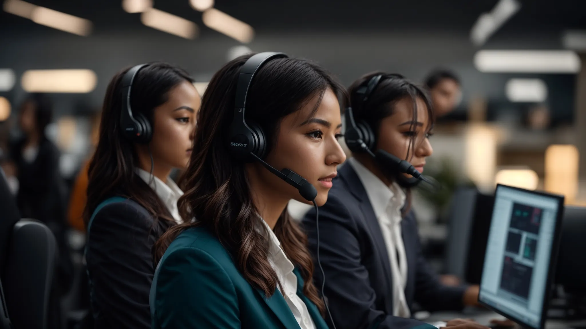 a sleek, modern call center environment bustling with confident customer service agents engaging with clients, showcasing the vibrancy and efficiency of outsourced ecommerce support under dynamic, ambient lighting.