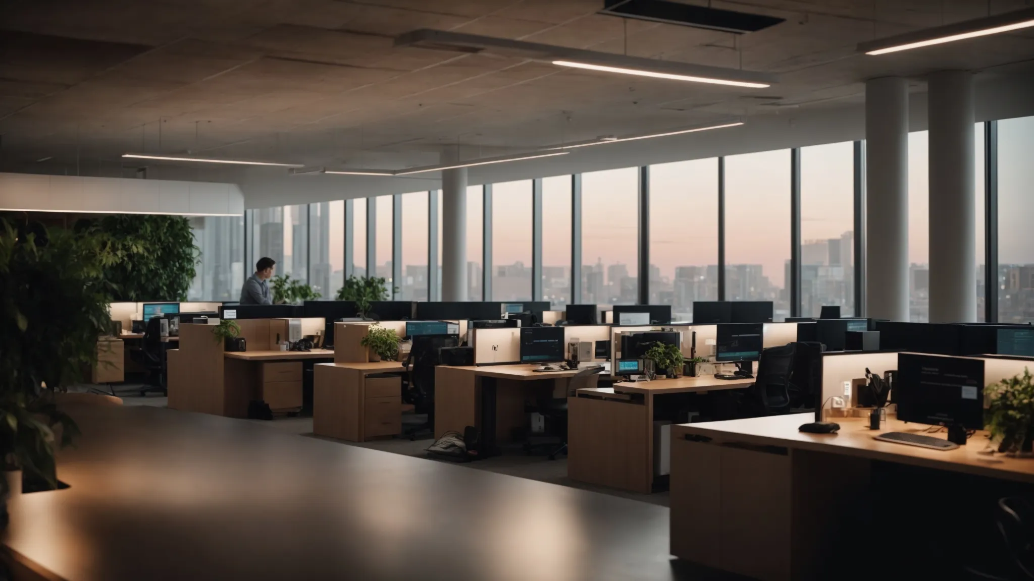 a sleek, modern call center filled with engaged professionals communicating effectively, bathed in soft, ambient lighting that emphasizes a sense of collaboration and efficiency.