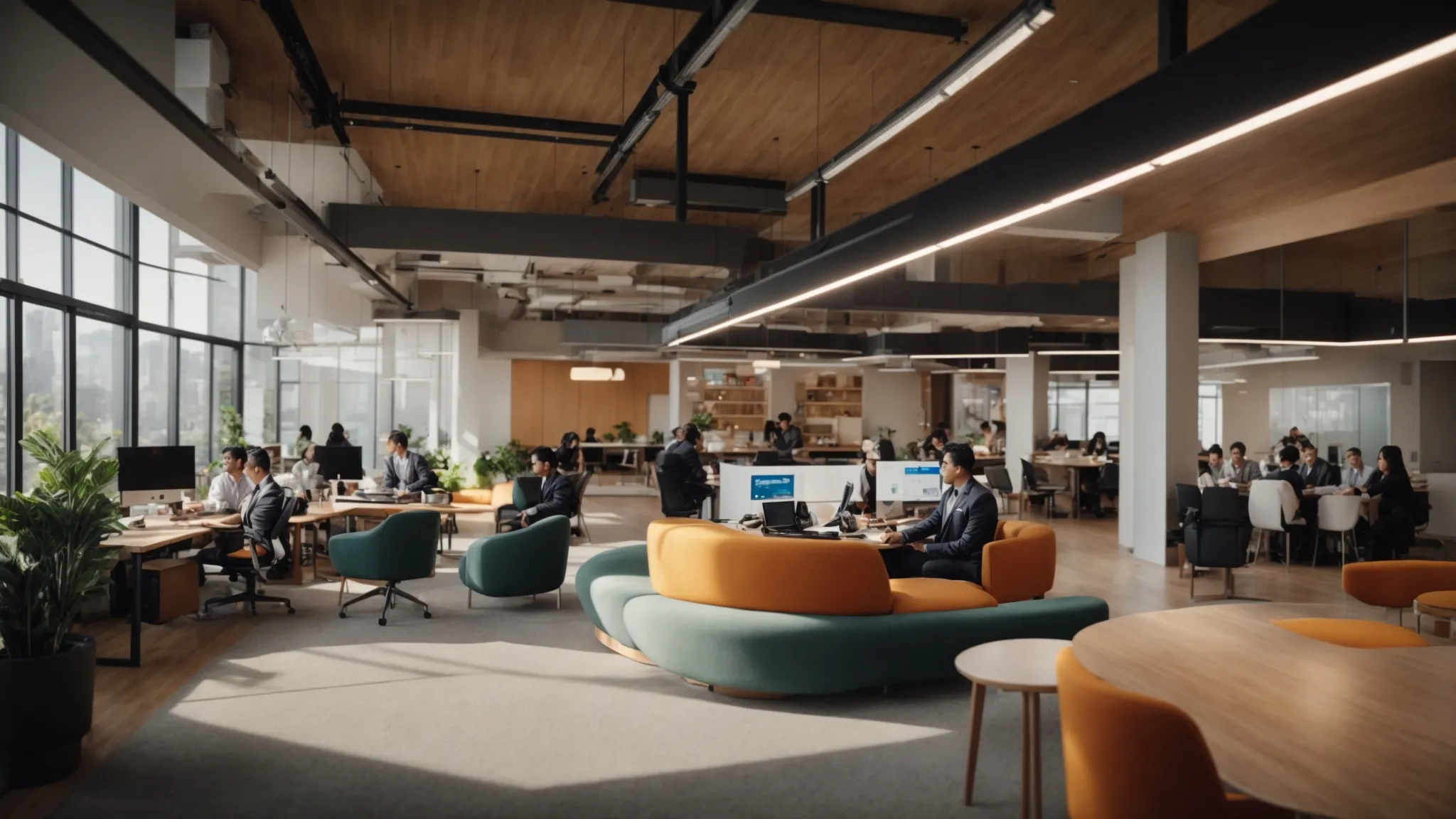 a vibrant, modern office setting highlights a diverse team engaged in a dynamic brainstorming session, symbolizing the transformative power of outsourcing for cost efficiency and enhanced customer engagement.