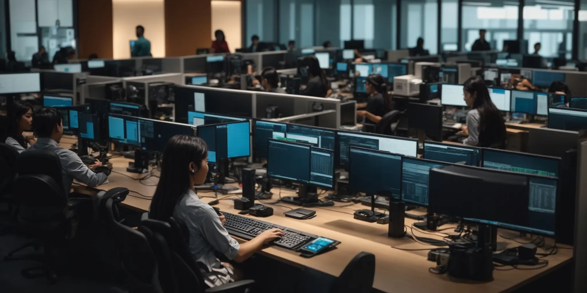 a vibrant call center bustling with diverse agents engaged in dynamic communication, surrounded by high-tech workstations under warm, focused lighting, showcasing teamwork and efficiency amid high call volumes.