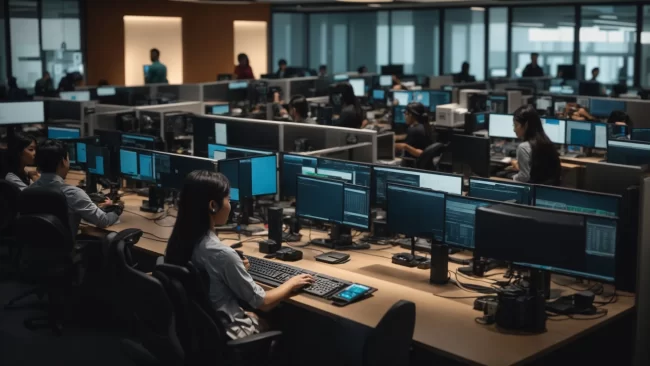 a vibrant call center bustling with diverse agents engaged in dynamic communication, surrounded by high-tech workstations under warm, focused lighting, showcasing teamwork and efficiency amid high call volumes.