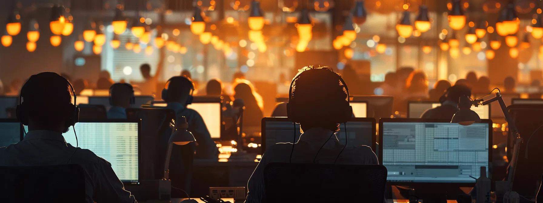 a bustling call center with focused agents engaged in dynamic conversations, illuminated by soft overhead lighting, depicting a vibrant atmosphere of collaboration and effectiveness in lead generation.