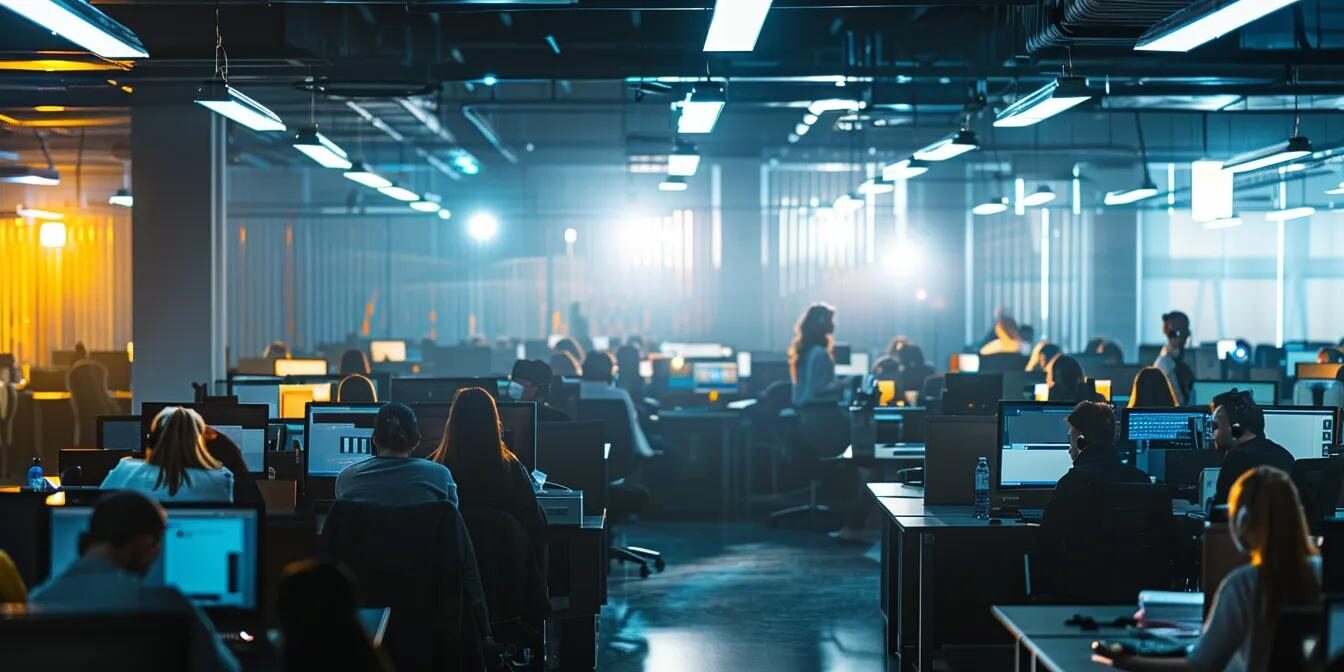 a dynamic call center bustling with focused agents engaged in spirited conversations, illuminated by bright overhead lights that create a vibrant workspace atmosphere, emphasizing the pivotal role of effective communication in driving sales and lead generation.