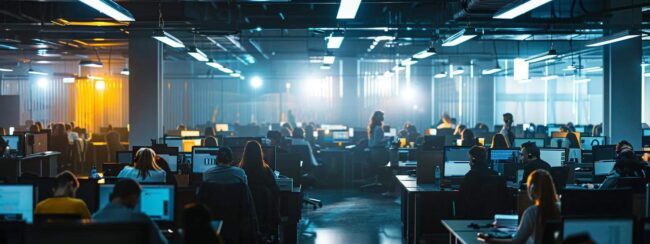 a dynamic call center bustling with focused agents engaged in spirited conversations, illuminated by bright overhead lights that create a vibrant workspace atmosphere, emphasizing the pivotal role of effective communication in driving sales and lead generation.