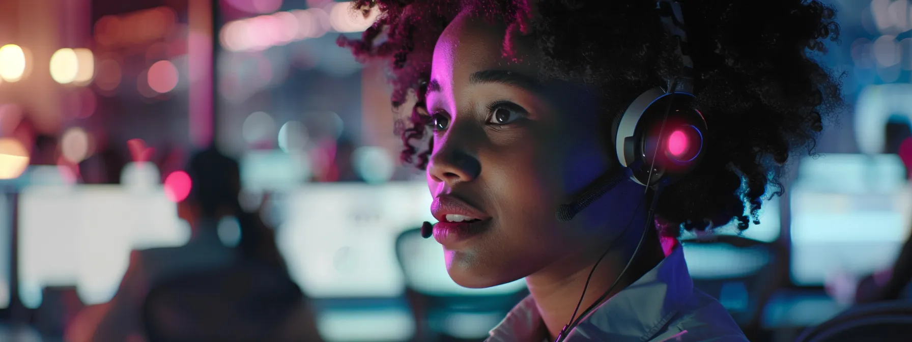 a dynamic call center scene showcases a diverse team of professionals engaged in collaboration with advanced ai technology, illustrating the seamless integration of human skills and machine efficiency in enhancing customer interactions, bathed in soft, ambient lighting.