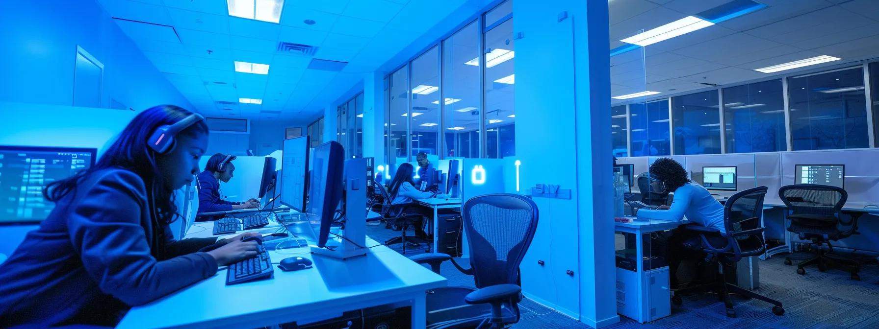 a futuristic call center showcases sleek, high-tech workstations illuminated by soft blue lighting, featuring engaged agents seamlessly interacting with diverse clients through advanced virtual interfaces, reflecting the evolution of sales strategies in a globalized market.