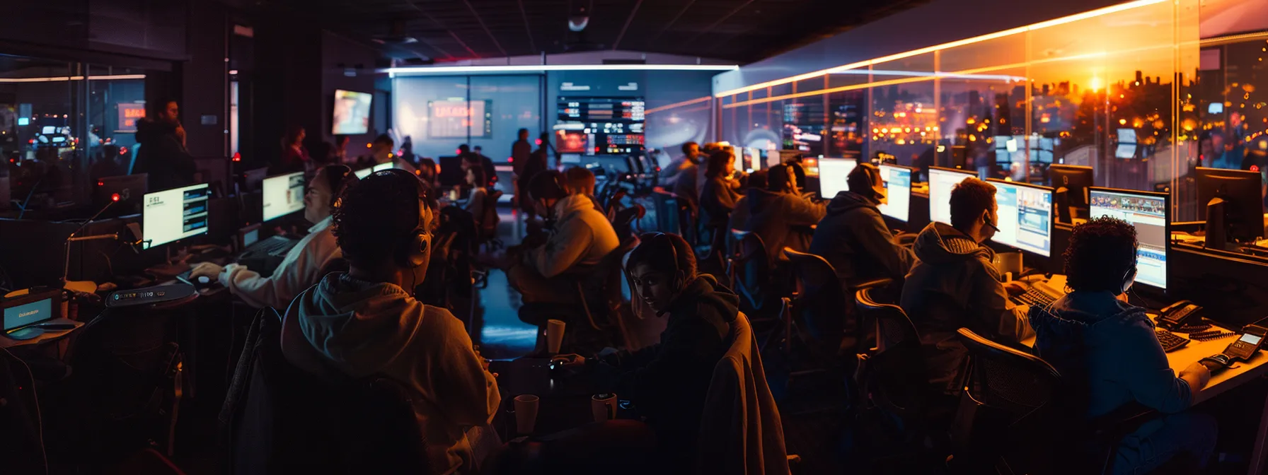 a modern call center bustling with diverse professionals engaged in dynamic conversations, illuminated by soft, futuristic lighting, highlighting the integration of advanced ai technology in their daily operations.