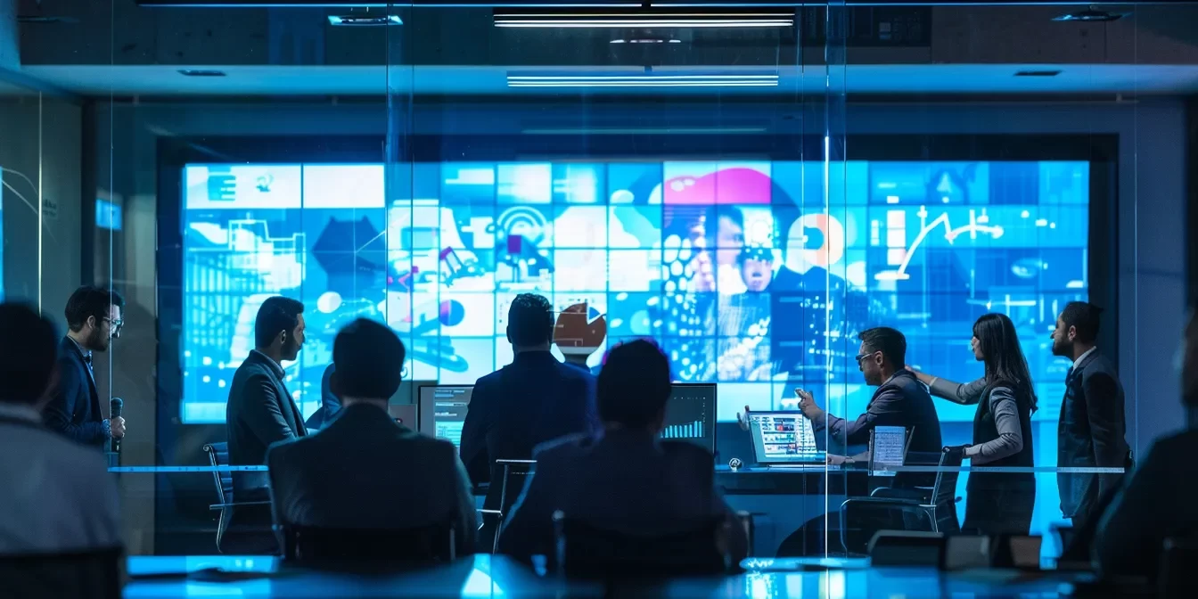 a sleek, modern office space with vibrant artificial lighting highlights a diverse team engaged in an animated brainstorming session, surrounded by digital screens displaying innovative ideas.