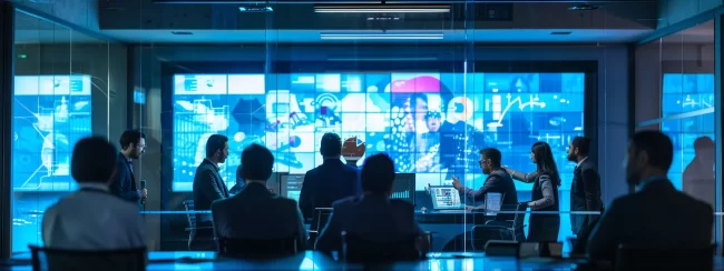 a sleek, modern office space with vibrant artificial lighting highlights a diverse team engaged in an animated brainstorming session, surrounded by digital screens displaying innovative ideas.