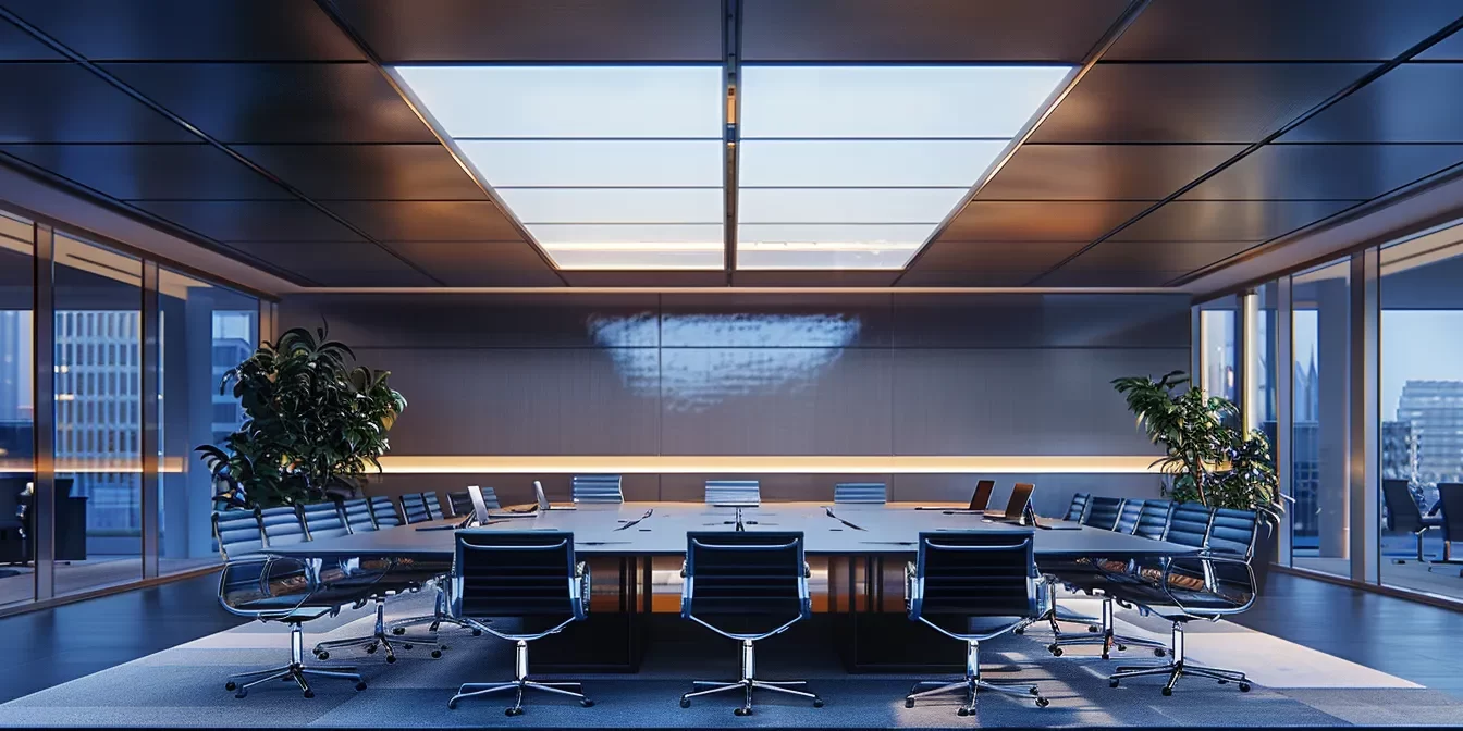 a sleek, modern office space featuring a large conference table surrounded by high-backed ergonomic chairs, illuminated by soft overhead lighting, exuding a professional and collaborative atmosphere.
