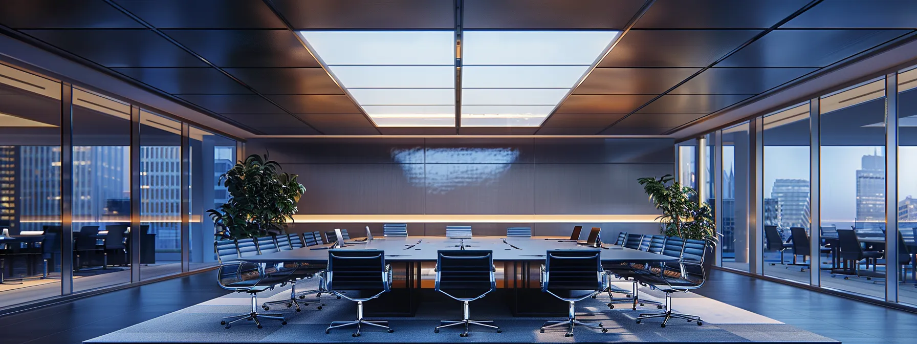 a sleek, modern office space featuring a large conference table surrounded by high-backed ergonomic chairs, illuminated by soft overhead lighting, exuding a professional and collaborative atmosphere.