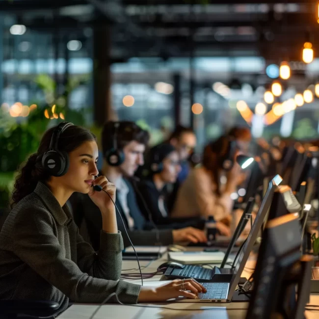 a striking, vibrant call center bustling with focused agents in headsets, illuminated by dynamic overhead lighting that enhances their determination to debunk common outsourcing myths.