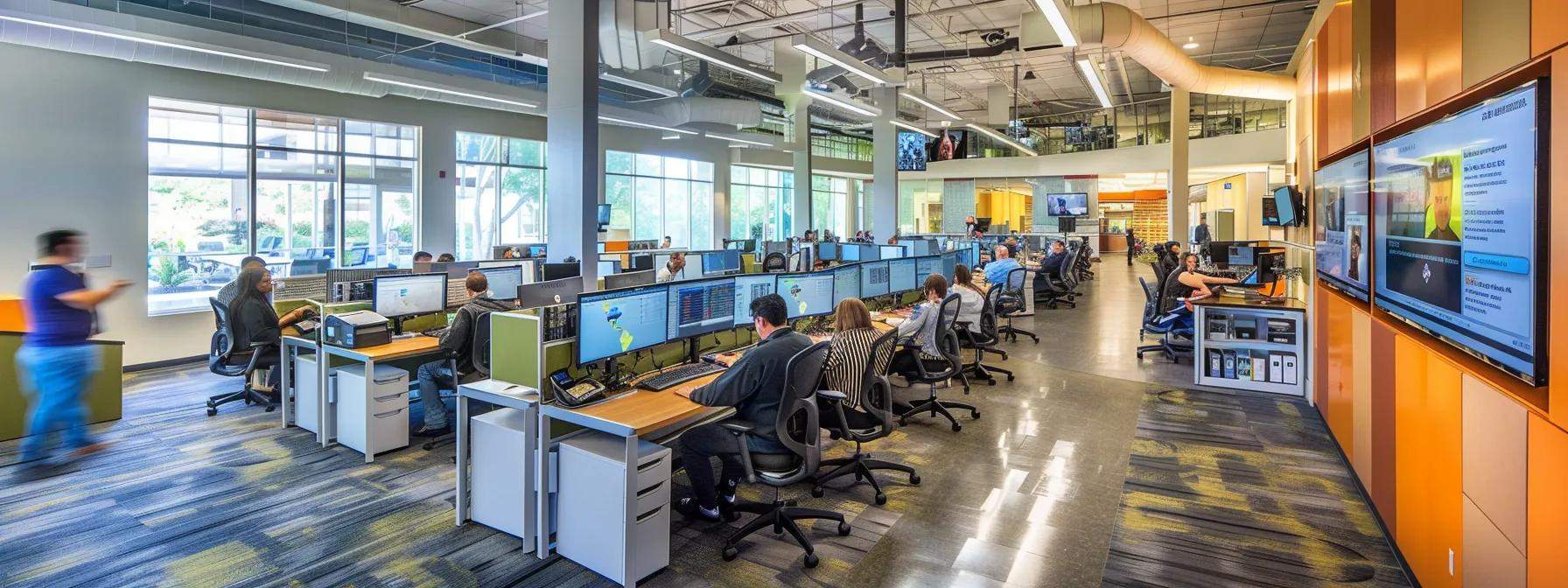 a vibrant and dynamic call center environment buzzes with engaged professionals analyzing real-time performance data on sleek monitors, showcasing a commitment to success in customer engagement and lead generation.