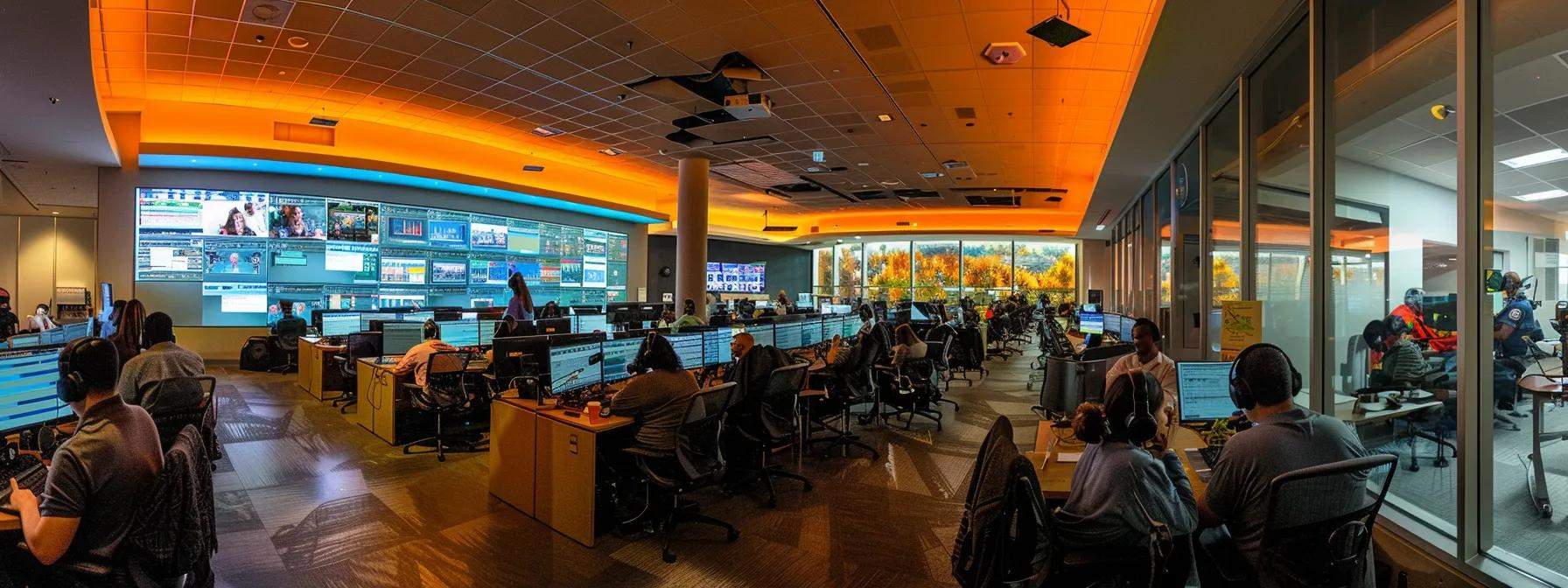 a vibrant call center bustling with engaged agents using headsets, surrounded by screens displaying data analytics and dynamic customer interactions, illuminated by warm overhead lighting that highlights their focus on enhancing sales strategies.