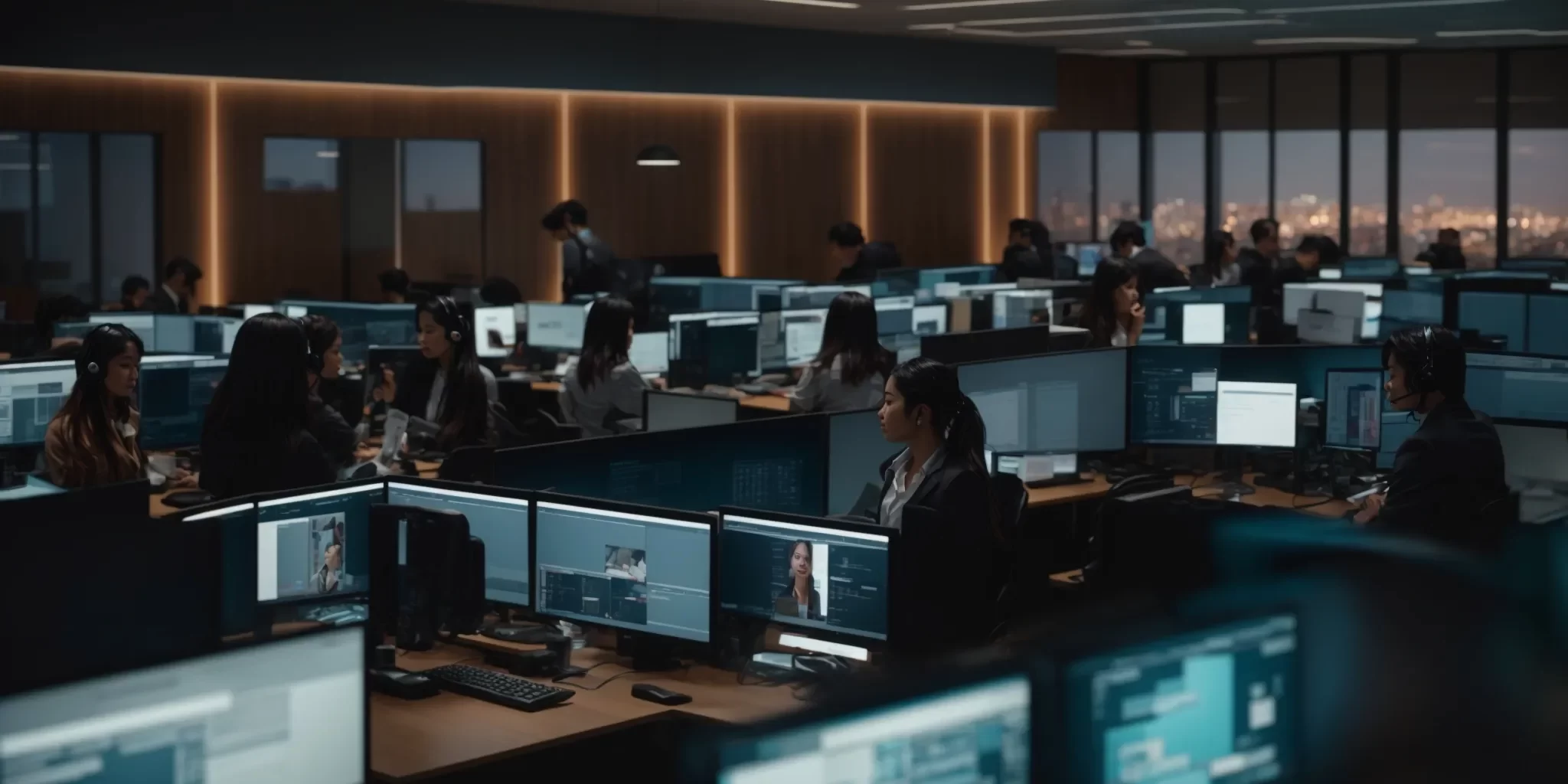 a bustling call center filled with diverse professionals engaged in dynamic conversations, illuminated by soft, modern lighting, seamlessly integrates advanced ai technology on sleek computer screens, symbolizing the transition to automation trends in the workplace.