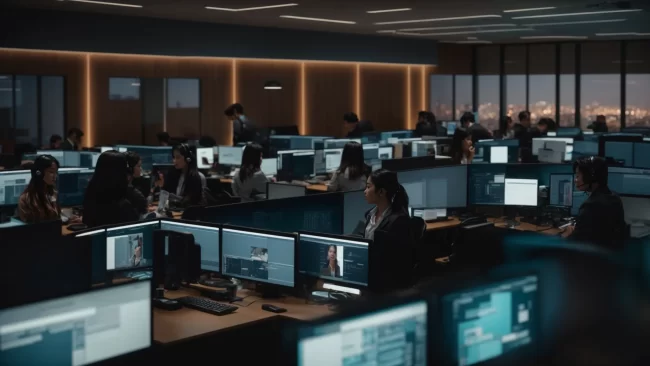 a bustling call center filled with diverse professionals engaged in dynamic conversations, illuminated by soft, modern lighting, seamlessly integrates advanced ai technology on sleek computer screens, symbolizing the transition to automation trends in the workplace.