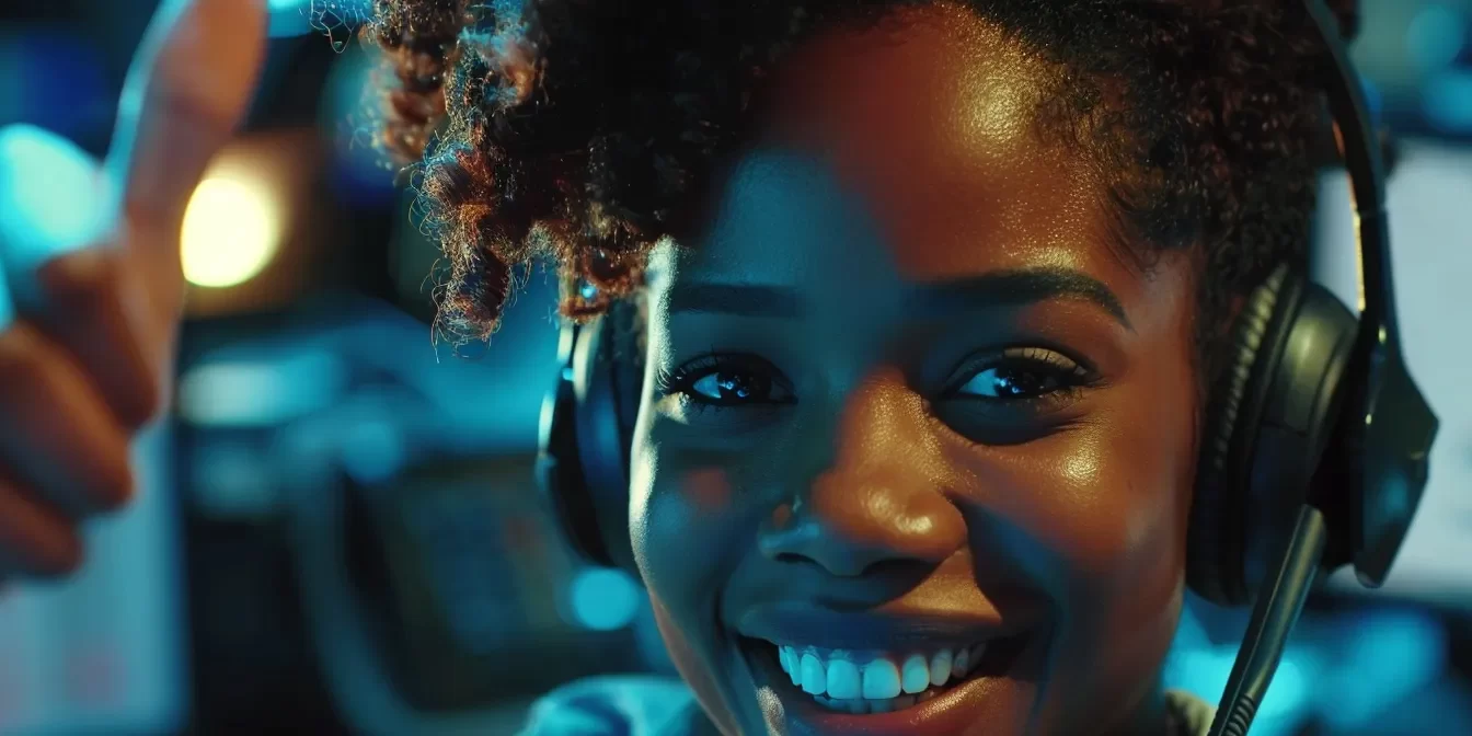 a call center agent confidently closes a deal over the phone, with a bright smile and a thumbs up gesture.