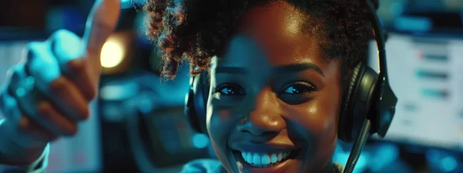 a call center agent confidently closes a deal over the phone, with a bright smile and a thumbs up gesture.