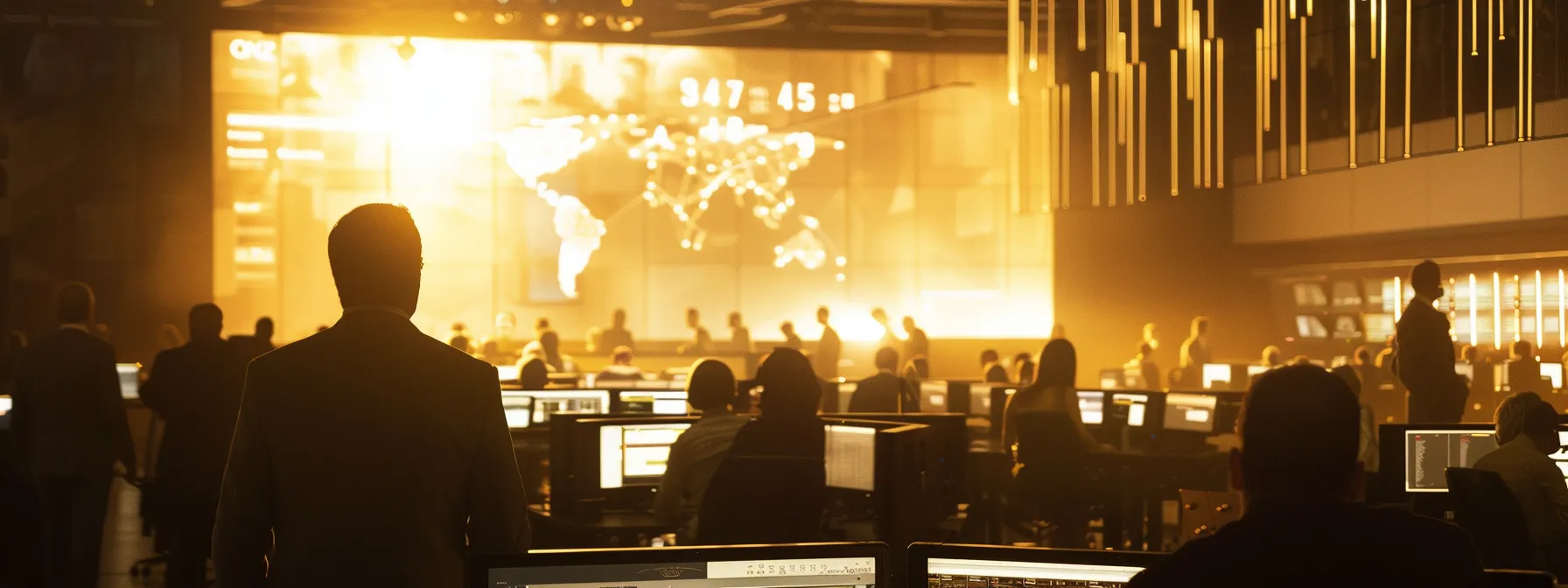 a modern call center bustling with agents engaged in dynamic conversations, illuminated by soft overhead lighting, while advanced technology displays performance metrics and speech recognition analytics on large screens in the background.
