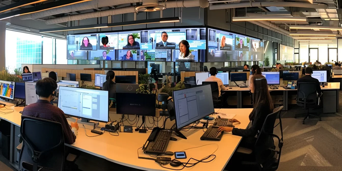 a modern call center operating remotely, featuring a diverse team of agents engaging in video conferencing on sleek desktop monitors, surrounded by vibrant digital displays showcasing service metrics and analytics in a sleek, tech-savvy office environment.