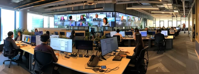 a modern call center operating remotely, featuring a diverse team of agents engaging in video conferencing on sleek desktop monitors, surrounded by vibrant digital displays showcasing service metrics and analytics in a sleek, tech-savvy office environment.