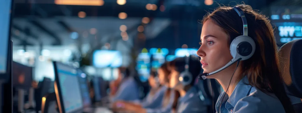 a sleek and modern call center workspace is filled with focused professionals engaged in quality assurance tasks, featuring headsets, computer monitors displaying performance metrics, and a large screen highlighting customer satisfaction scores, all under bright, efficient lighting that emphasizes a dedicated and organized atmosphere.