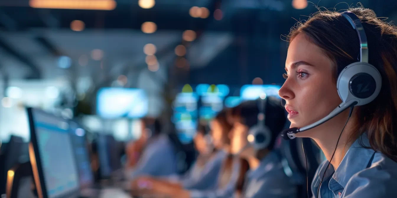 a sleek and modern call center workspace is filled with focused professionals engaged in quality assurance tasks, featuring headsets, computer monitors displaying performance metrics, and a large screen highlighting customer satisfaction scores, all under bright, efficient lighting that emphasizes a dedicated and organized atmosphere.