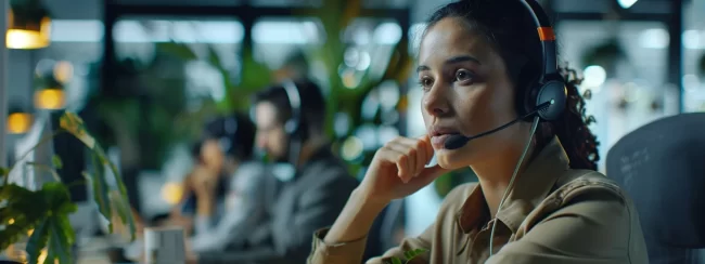 a sleek, modern call center with attentive agents engaged in vibrant discussions over headsets, surrounded by digital feedback screens displaying customer satisfaction metrics in a dynamic, high-tech environment.