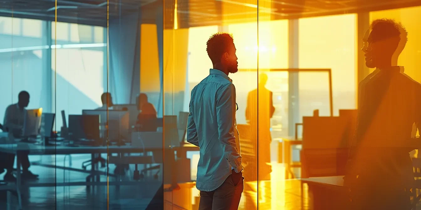 a sleek, modern office space buzzes with energy as a diverse team of professionals engages in lively discussions around high-tech communication devices, symbolizing the dynamic world of telesales outsourcing.