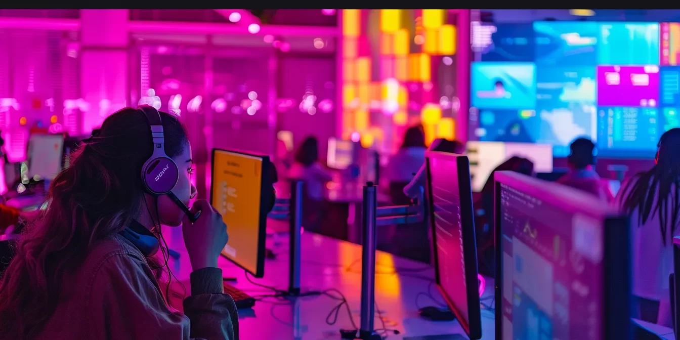 a dynamic call center environment filled with focused agents efficiently engaging through headsets, surrounded by vibrant performance metrics displayed on digital screens, capturing the essence of productivity and teamwork.