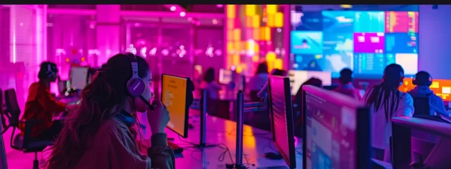 a dynamic call center environment filled with focused agents efficiently engaging through headsets, surrounded by vibrant performance metrics displayed on digital screens, capturing the essence of productivity and teamwork.