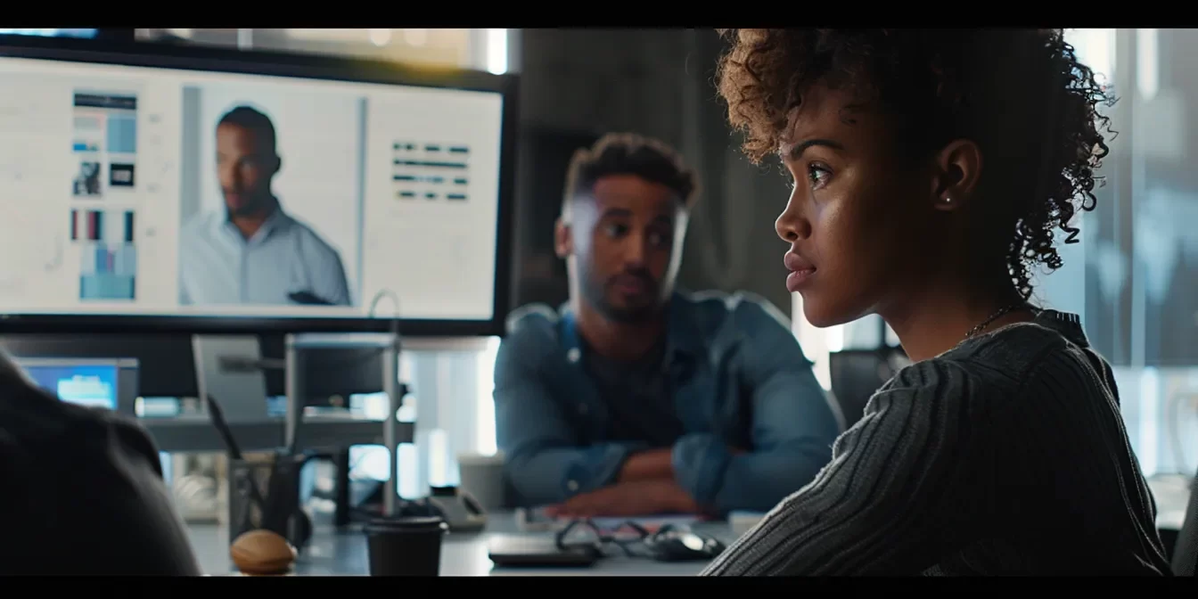 a focused customer service representative with a calm demeanor is engaged in a conversation at a sleek, modern office desk, equipped with technology, while an upset customer expresses frustration, highlighting the theme of conflict resolution in a professional setting.