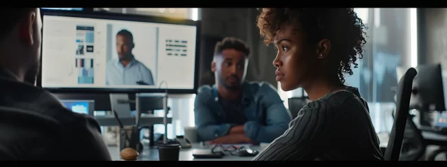 a focused customer service representative with a calm demeanor is engaged in a conversation at a sleek, modern office desk, equipped with technology, while an upset customer expresses frustration, highlighting the theme of conflict resolution in a professional setting.