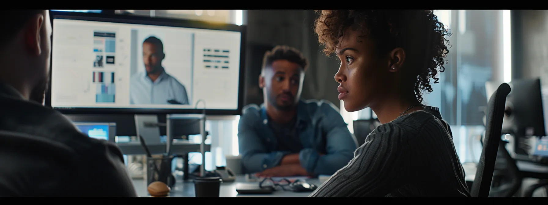 a focused customer service representative with a calm demeanor is engaged in a conversation at a sleek, modern office desk, equipped with technology, while an upset customer expresses frustration, highlighting the theme of conflict resolution in a professional setting.