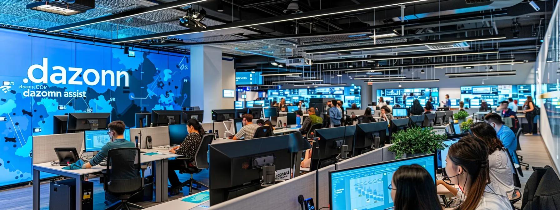 Modern call center environment with agents engaged at workstations, featuring Dazonn branding, advanced technology displays, and a collaborative atmosphere for efficient customer support.