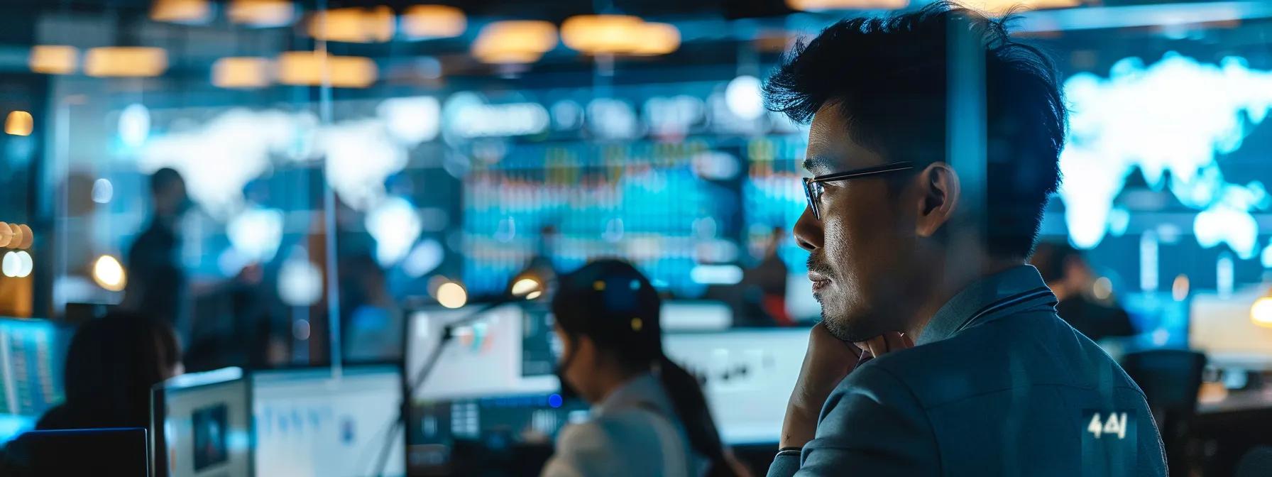 Call center agent in a bustling environment, analyzing data on multiple screens, emphasizing operational efficiency and agent workload management.