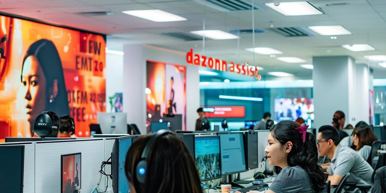 a bustling call center filled with focused employees at their desks, surrounded by vibrant wall art featuring "dazonn assist," highlighting a dynamic and collaborative atmosphere aimed at fostering agent competence.