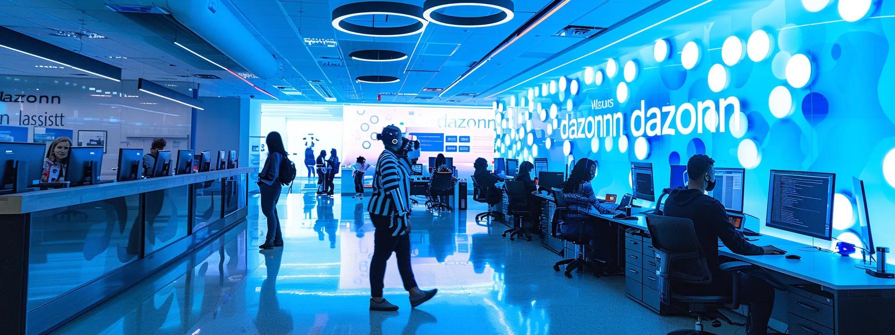 Bustling call center environment with Dazonn branding, agents engaged in customer support, modern technology, and collaborative workspace design.
