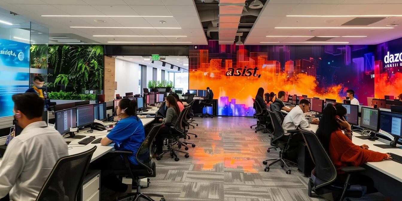a bustling call center filled with focused employees efficiently handling high call volumes, accentuated by vibrant wall graphics of "dazonn assist," showcasing a dynamic and organized work environment.