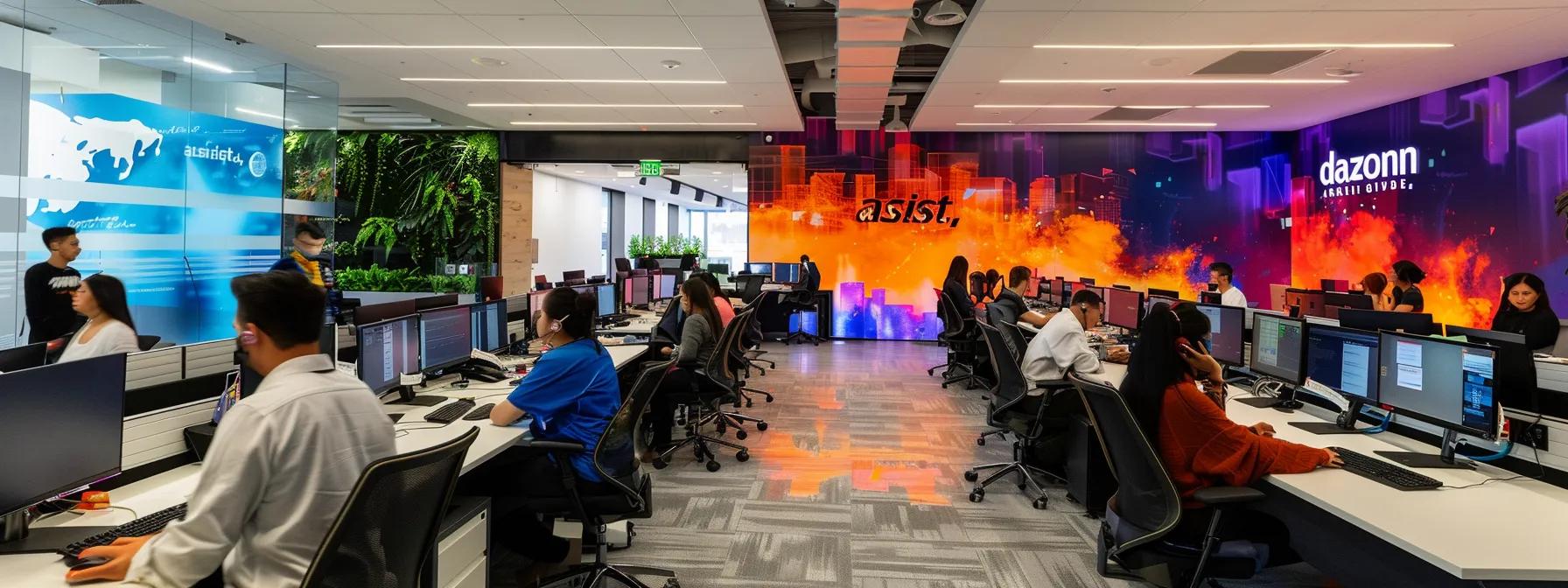 a bustling call center filled with focused employees efficiently handling high call volumes, accentuated by vibrant wall graphics of "dazonn assist," showcasing a dynamic and organized work environment.