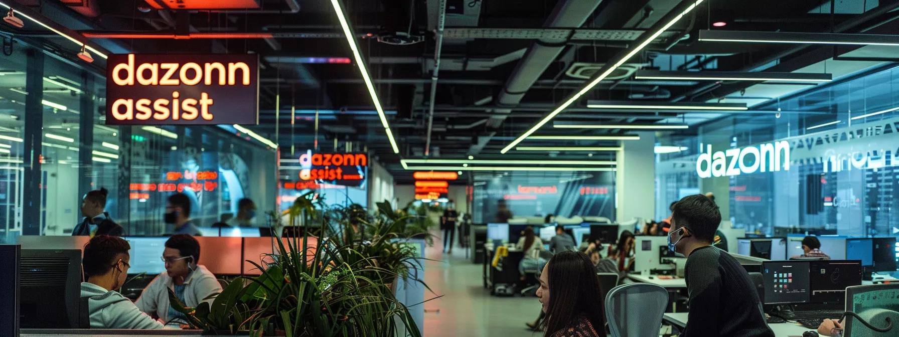 Bustling call center environment with Dazonnassist branding, agents engaged in customer service tasks, emphasizing effective communication and training strategies.